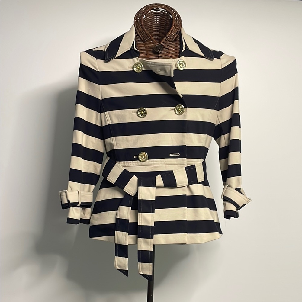 Kate Spade Dark Blue & White Trench-Style Jacket with Nautical Stripes